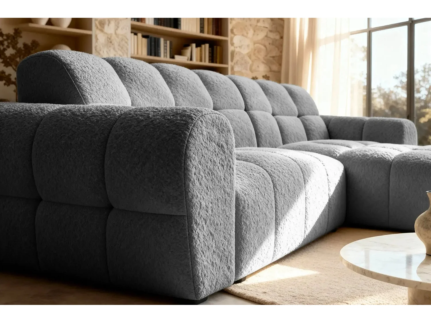 ALEXIA - Canapé d'angle tissu bouclette 4 places - Gris anthracite - Droit