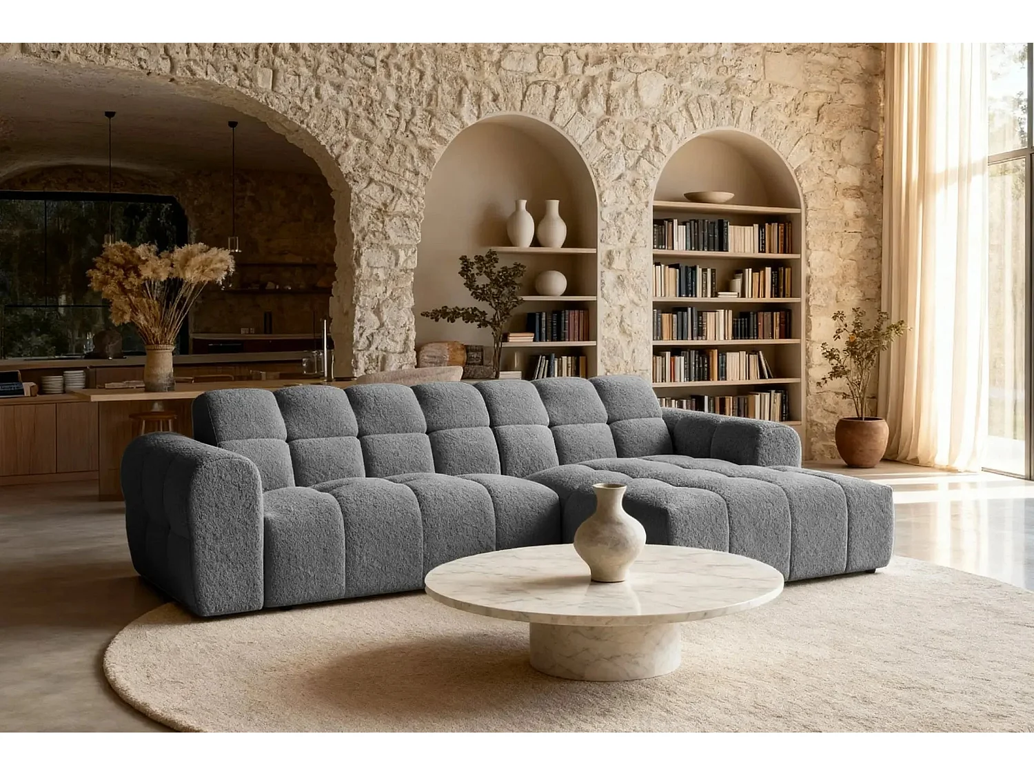 ALEXIA - Canapé d'angle tissu bouclette 4 places - Gris anthracite - Droit