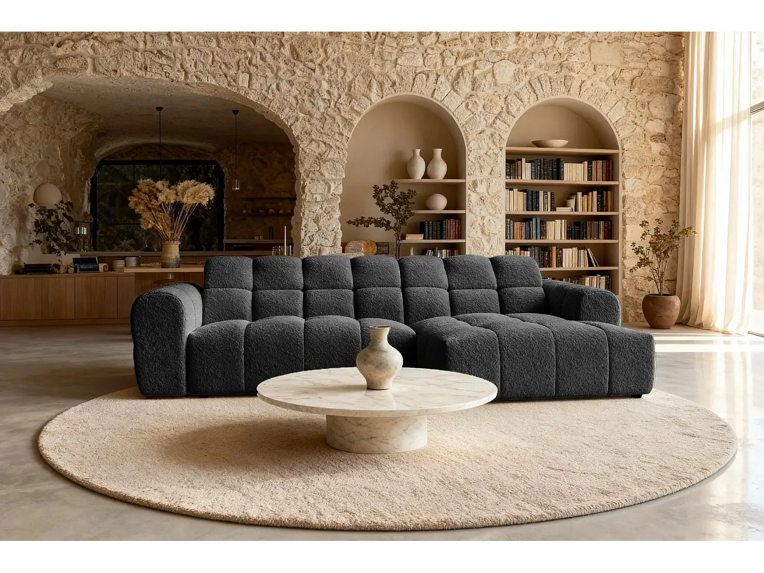 ALEXIA - Canapé d'angle tissu bouclette 4 places - Noir - Gauche