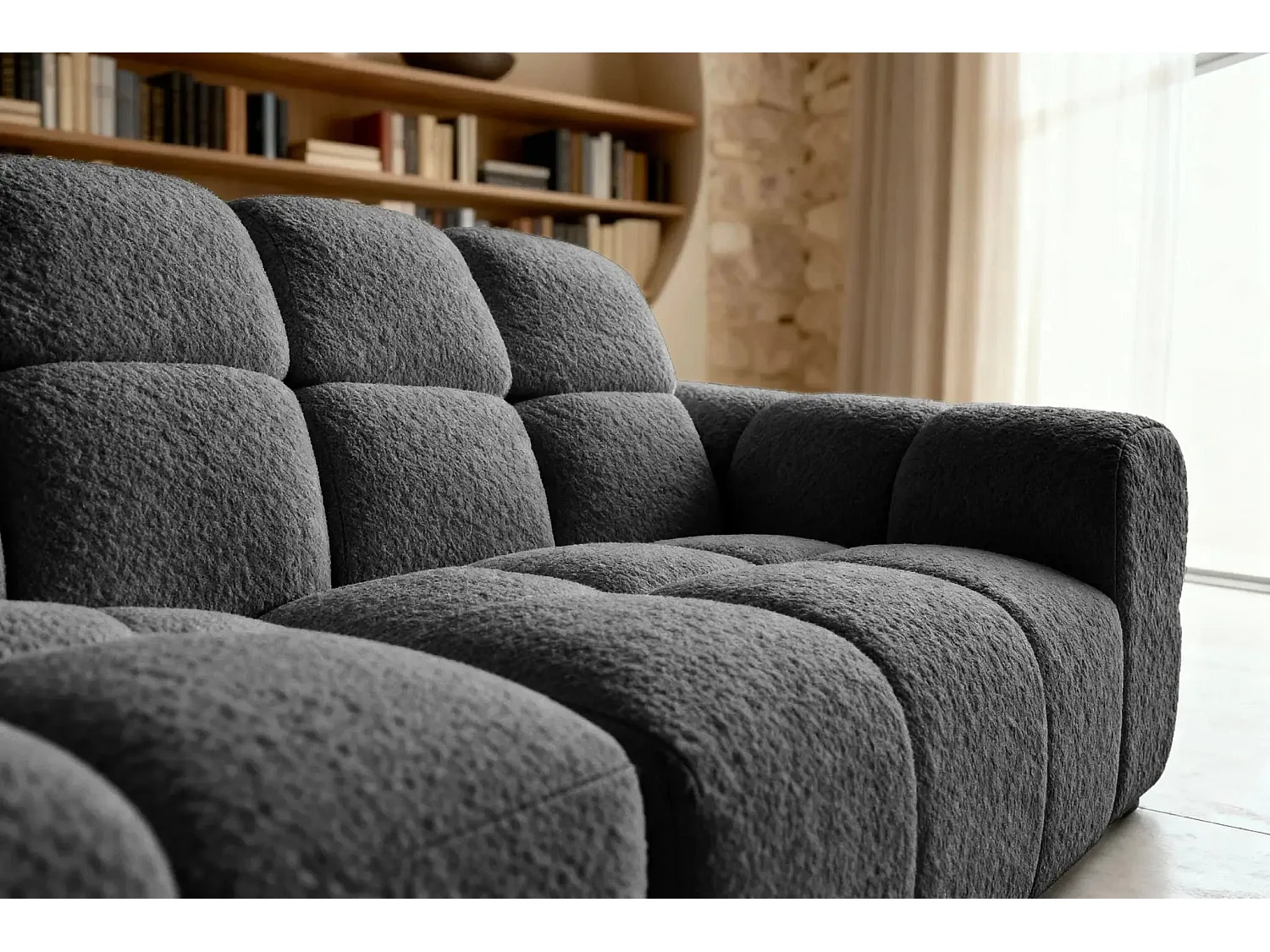 ALEXIA - Canapé d'angle tissu bouclette 4 places - Noir - Gauche