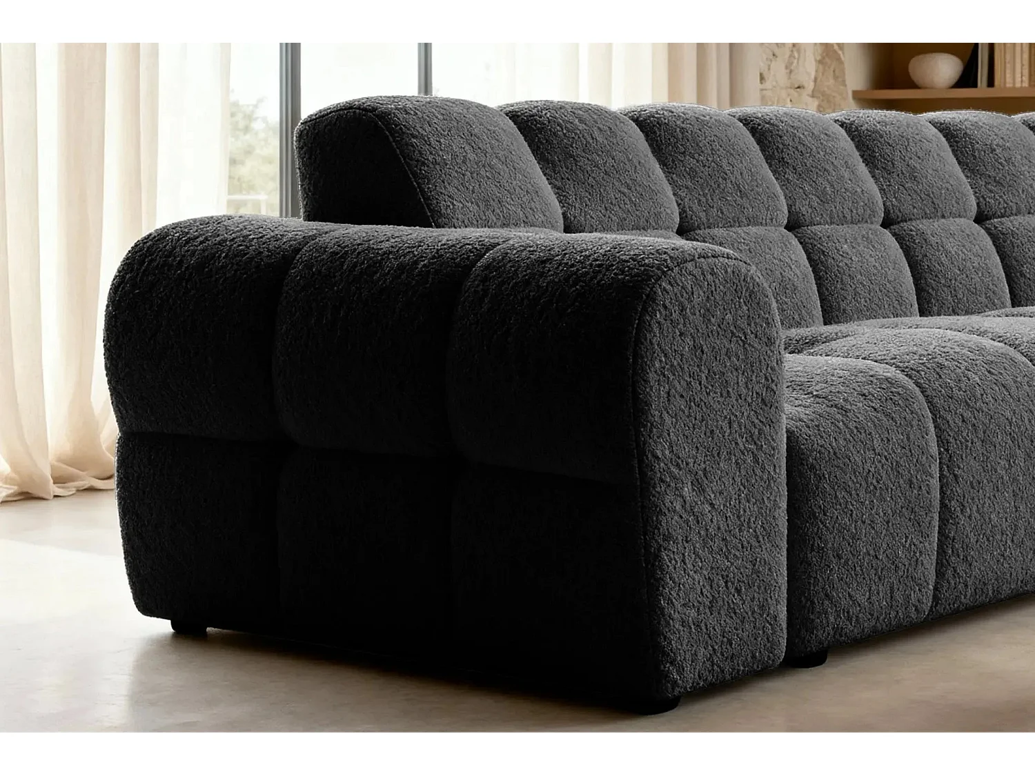 ALEXIA - Canapé d'angle tissu bouclette 4 places - Noir - Gauche