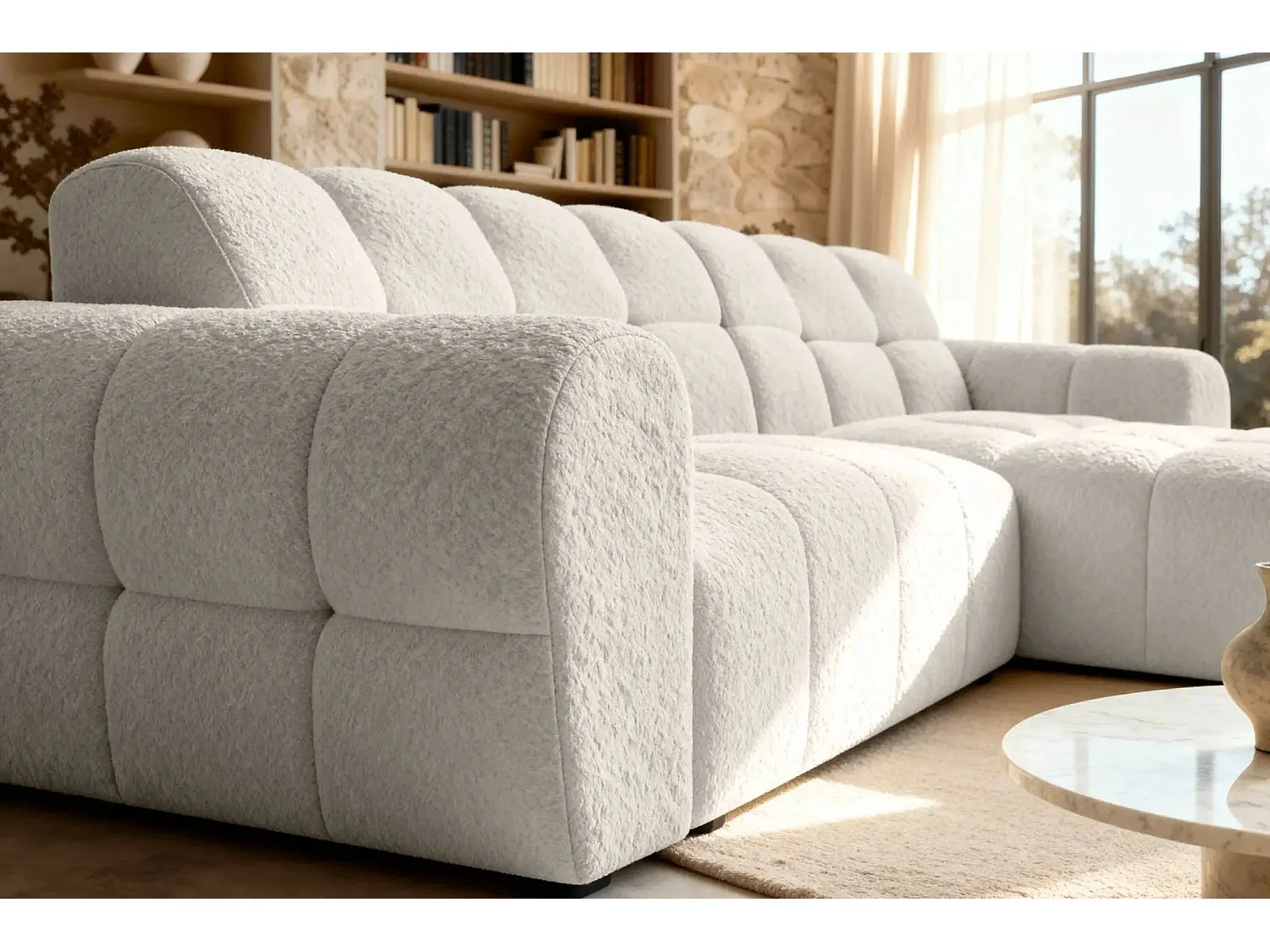 ALEXIA - Canapé d'angle tissu bouclette 4 places - Beige - Gauche