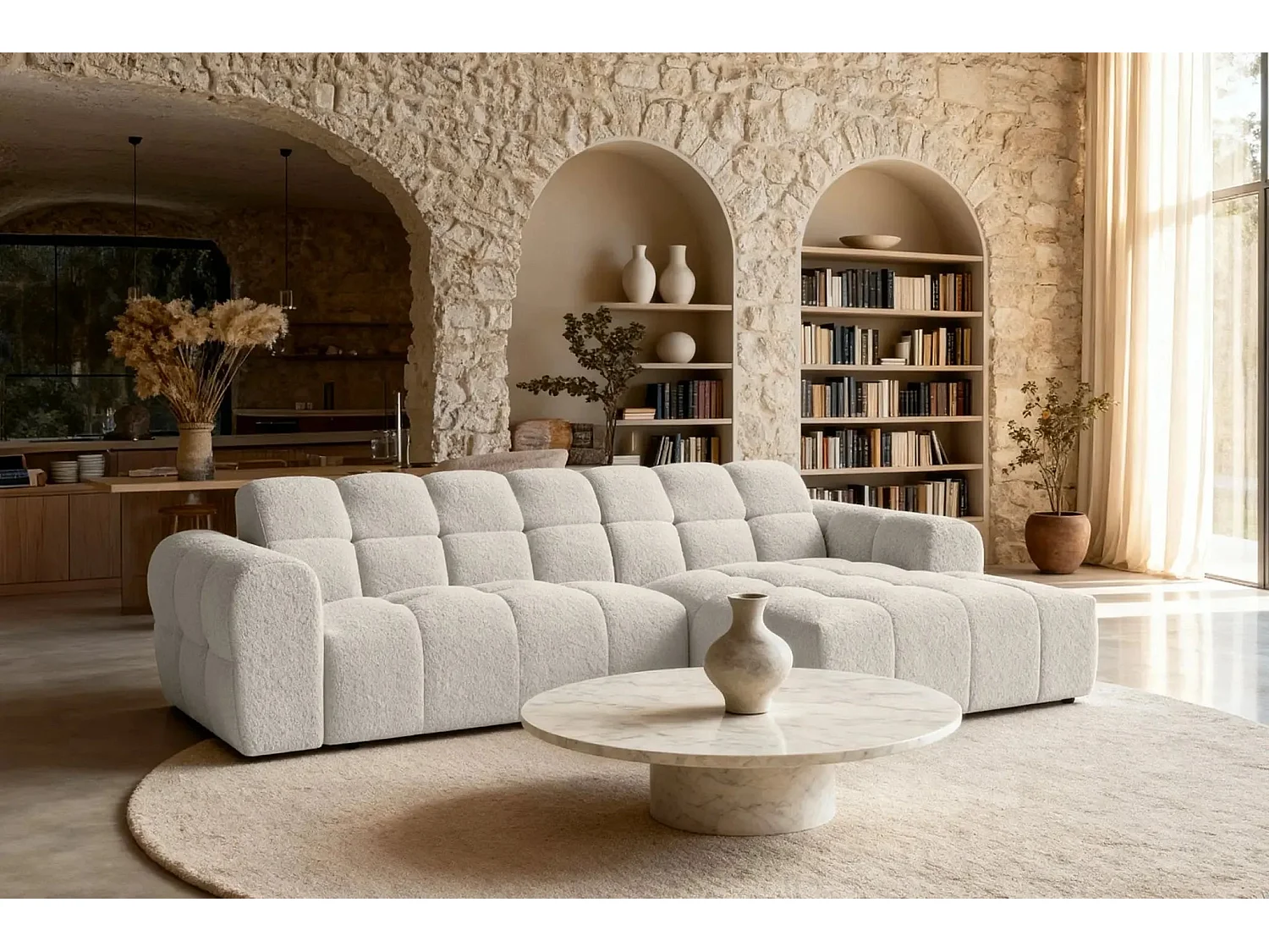 ALEXIA - Canapé d'angle tissu bouclette 4 places - Beige - Gauche