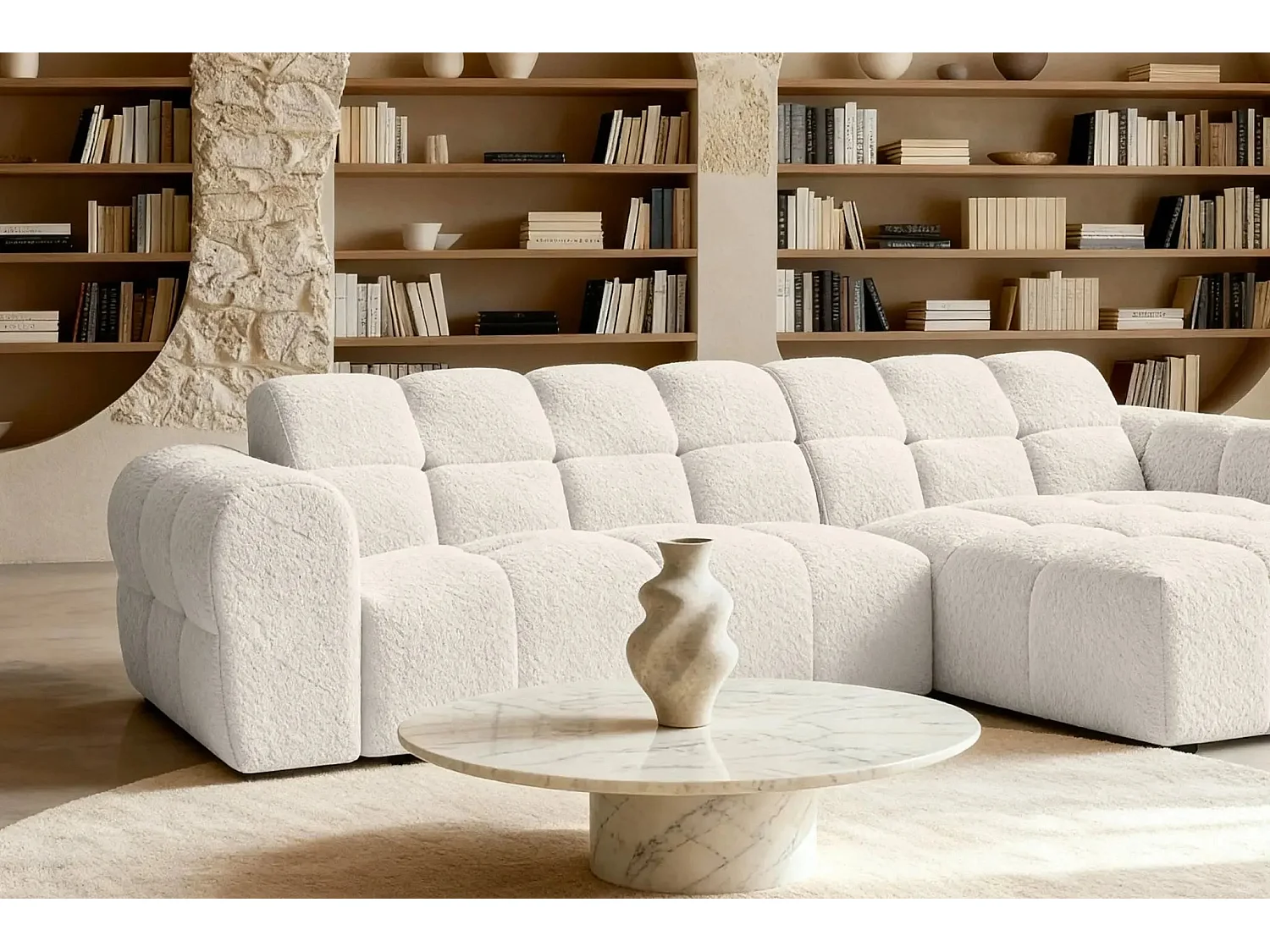 ALEXIA - Canapé d'angle tissu bouclette 4 places - Beige - Gauche