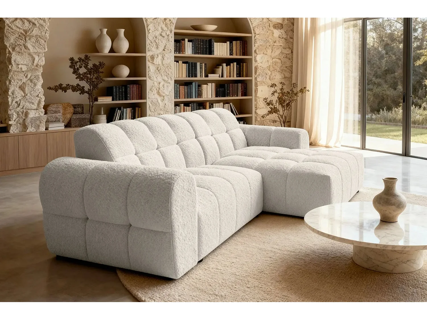 ALEXIA - Canapé d'angle tissu bouclette 4 places - Beige - Gauche