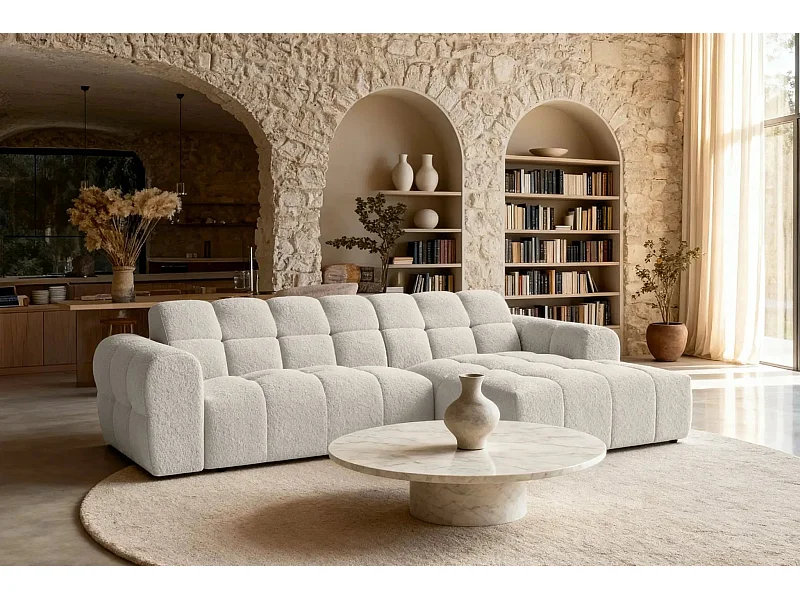 ALEXIA - Canapé d'angle tissu bouclette 4 places - Beige - Gauche