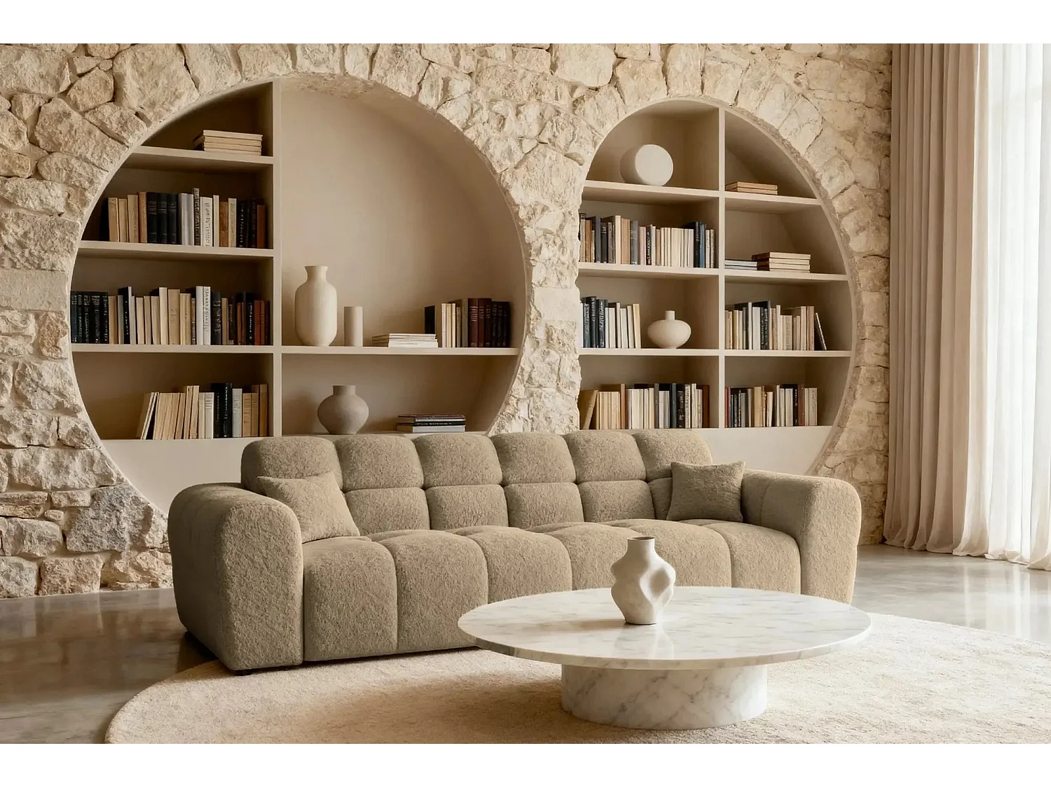 ALEXIA - Canapé droit tissu bouclette 3 places - Café