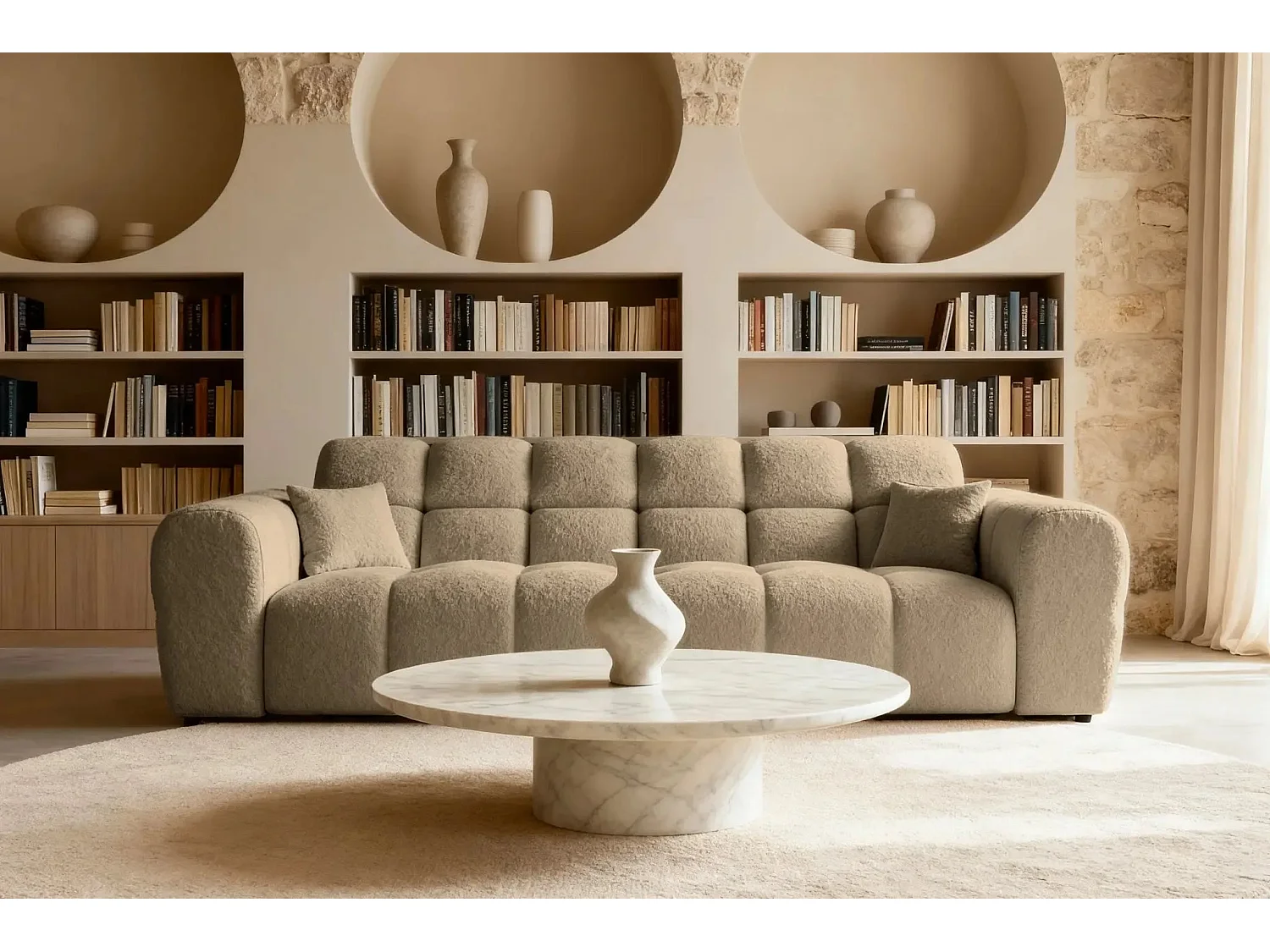 ALEXIA - Canapé droit tissu bouclette 3 places - Café