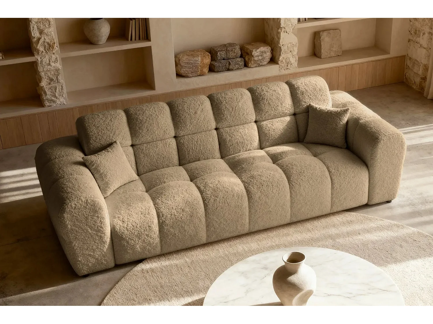 ALEXIA - Canapé droit tissu bouclette 3 places - Café