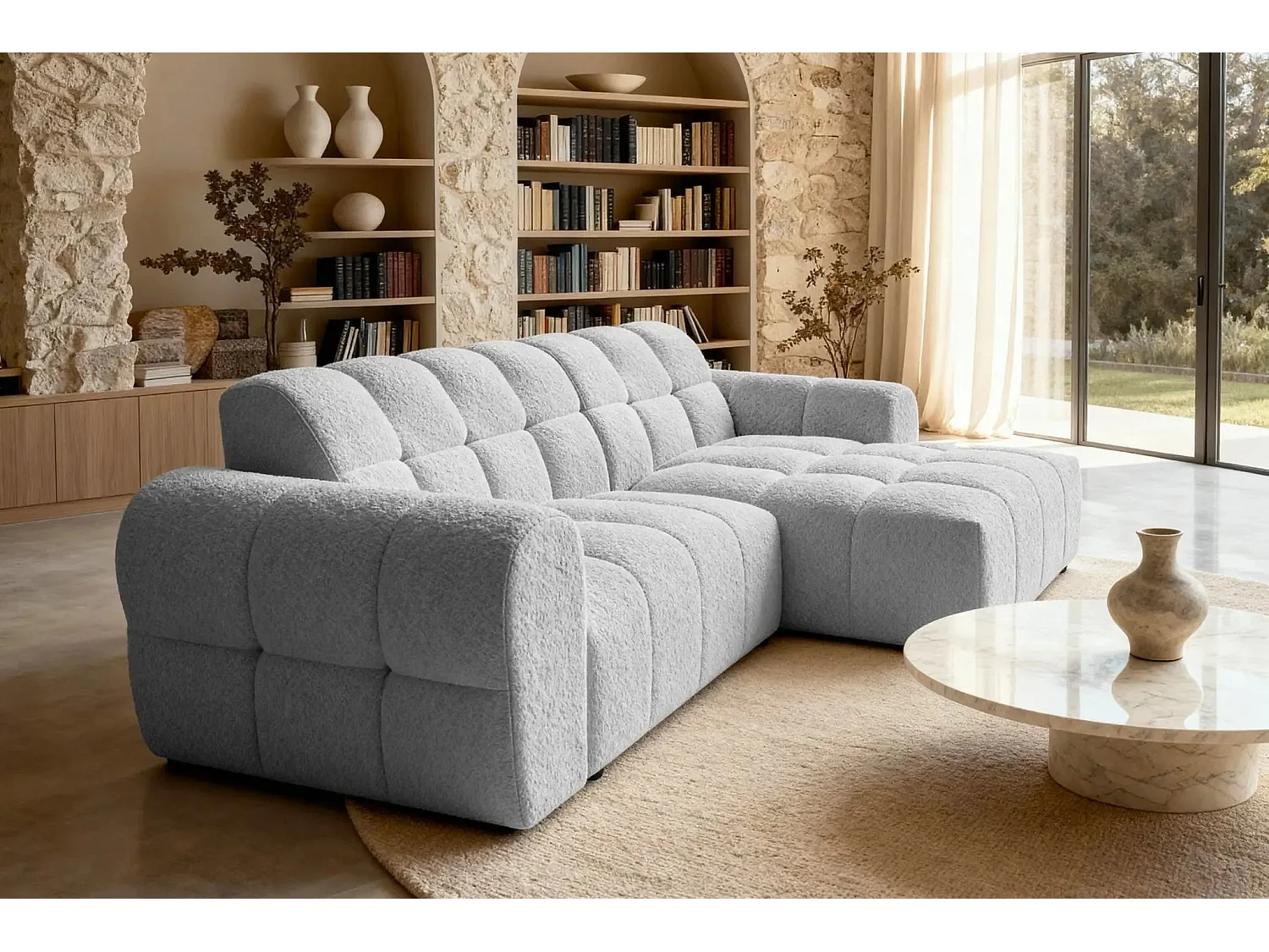 ALEXIA - Canapé d'angle tissu bouclette 4 places - Gris clair - Droit