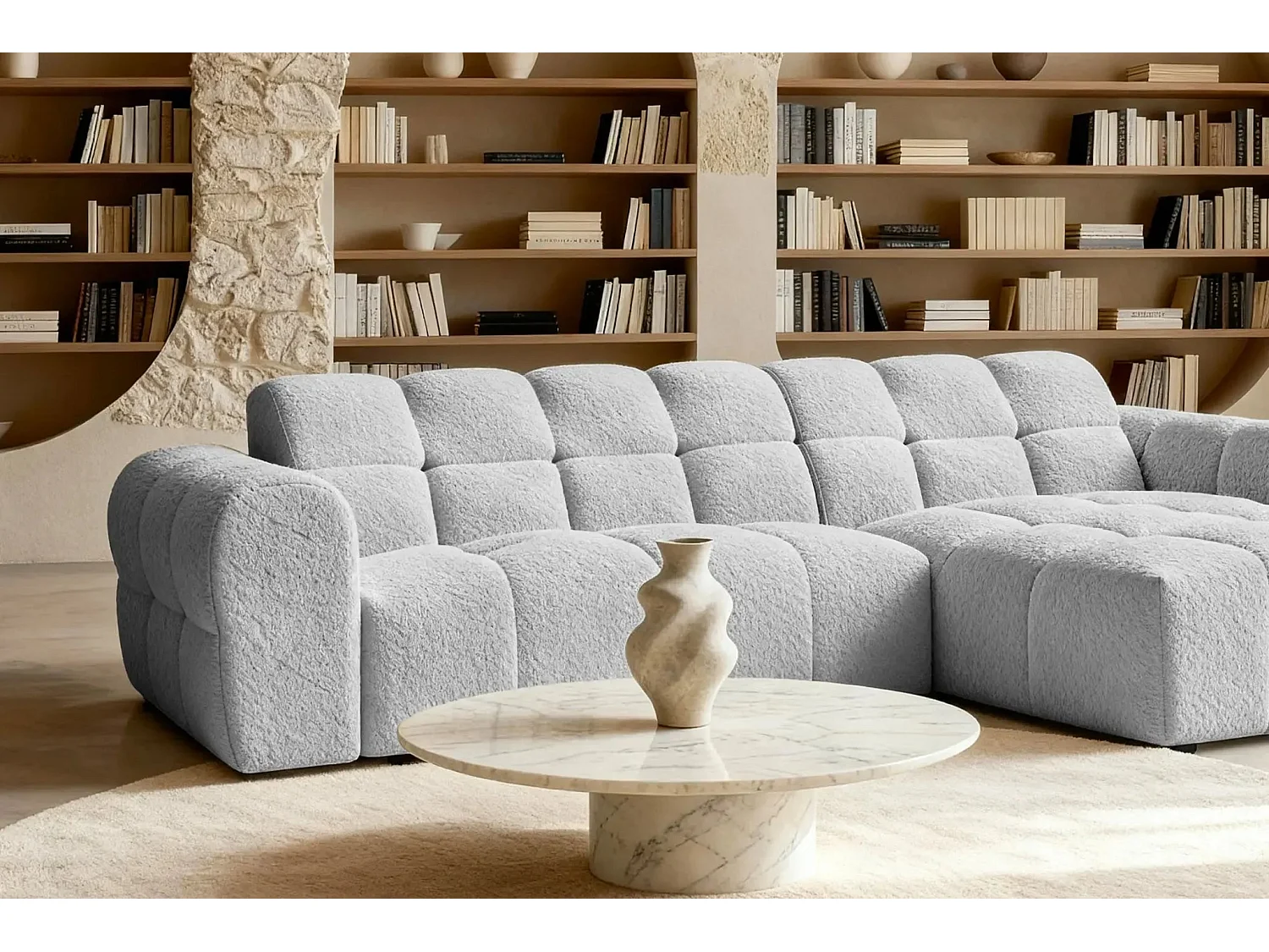 ALEXIA - Canapé d'angle tissu bouclette 4 places - Gris clair - Droit