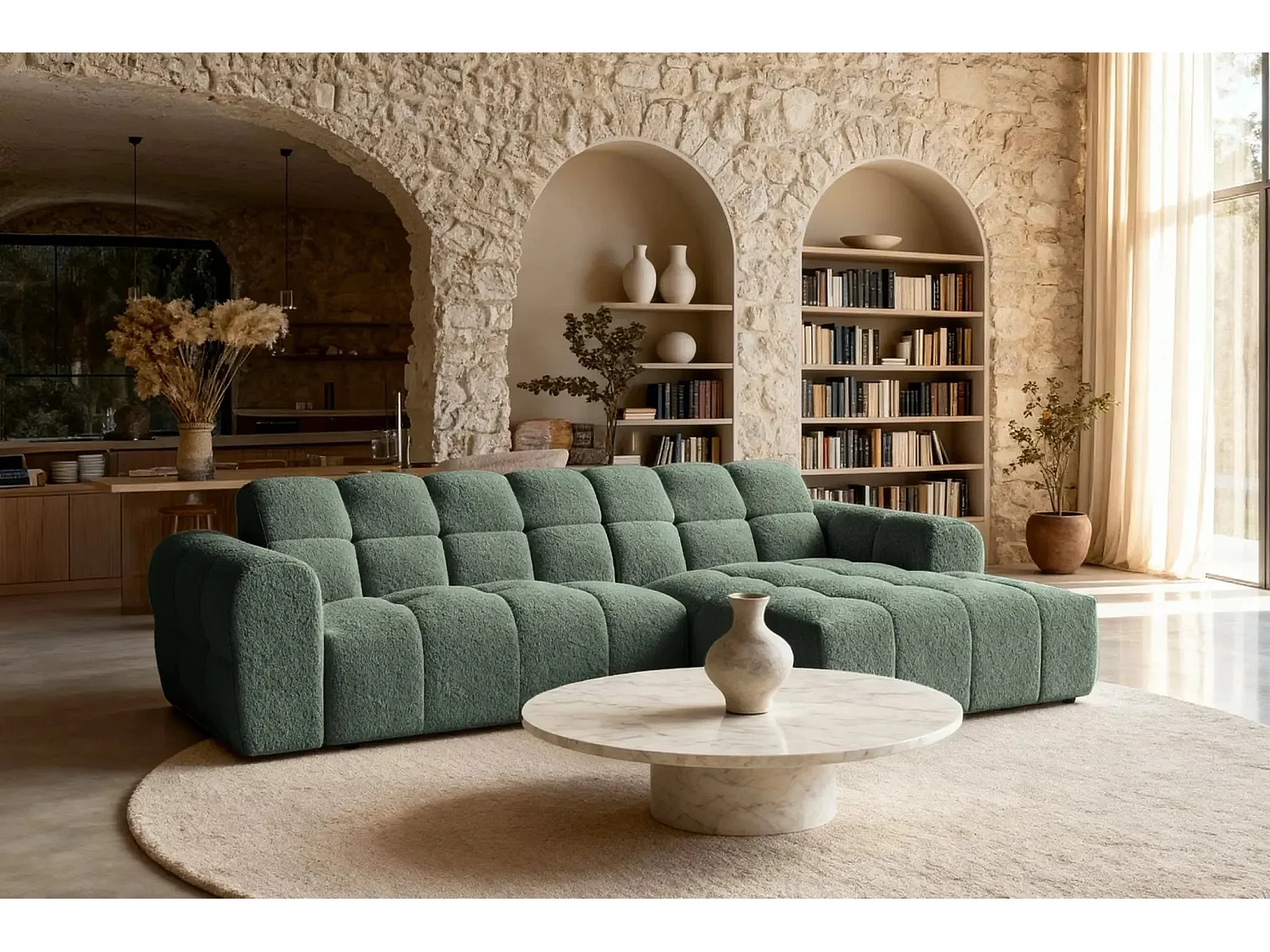 ALEXIA - Canapé d'angle tissu bouclette 4 places - Vert - Droit