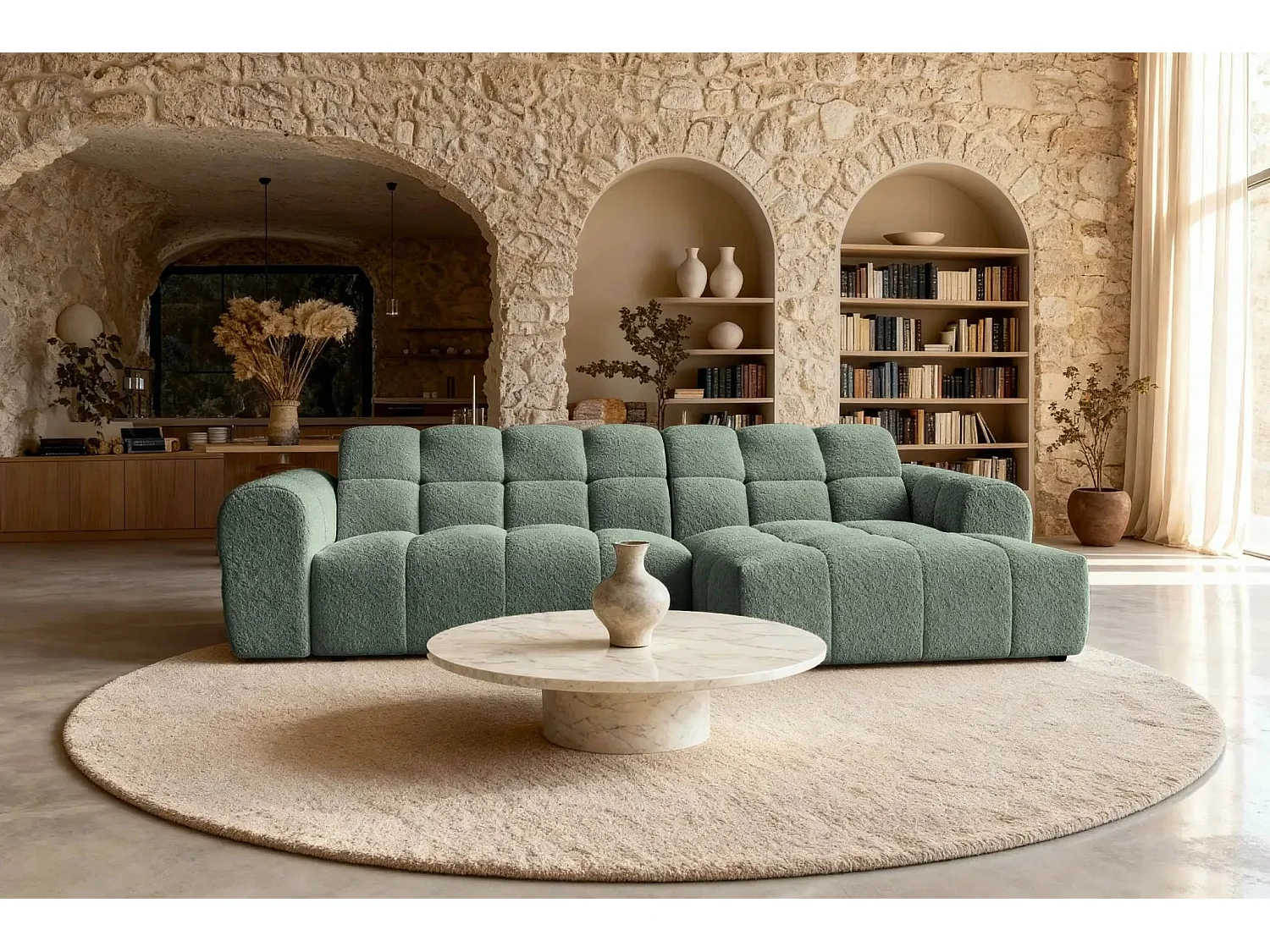 ALEXIA - Canapé d'angle tissu bouclette 4 places - Vert - Droit