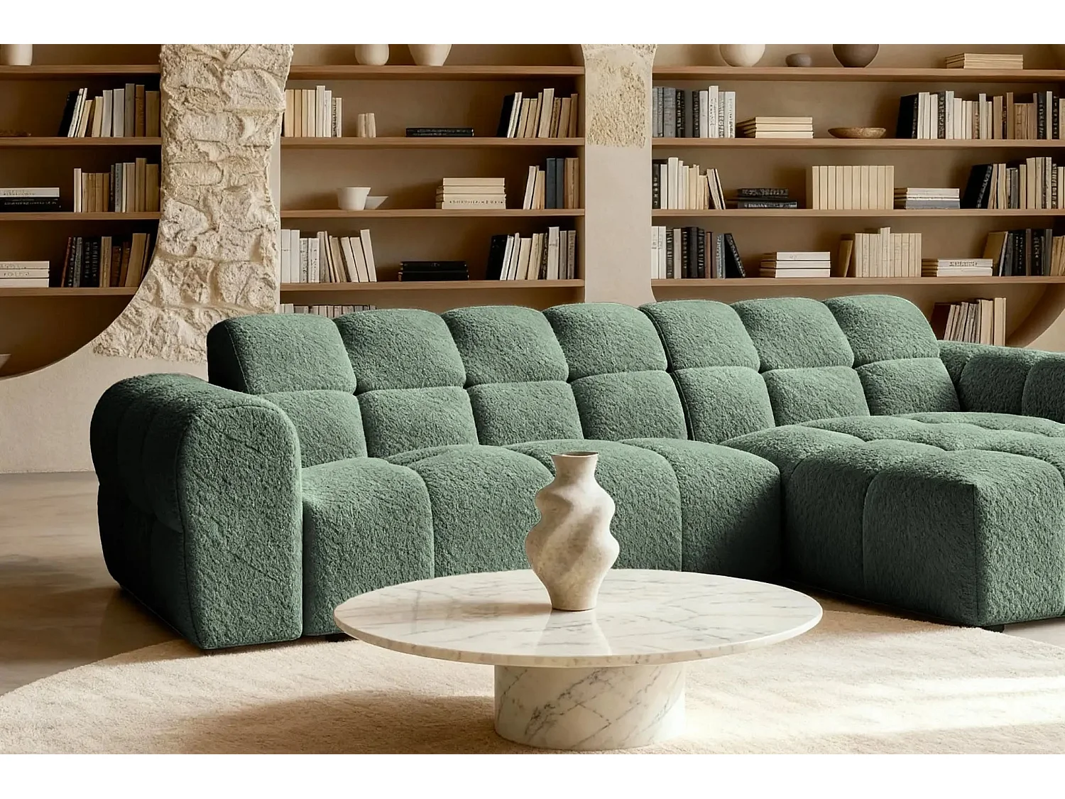 ALEXIA - Canapé d'angle tissu bouclette 4 places - Vert - Droit