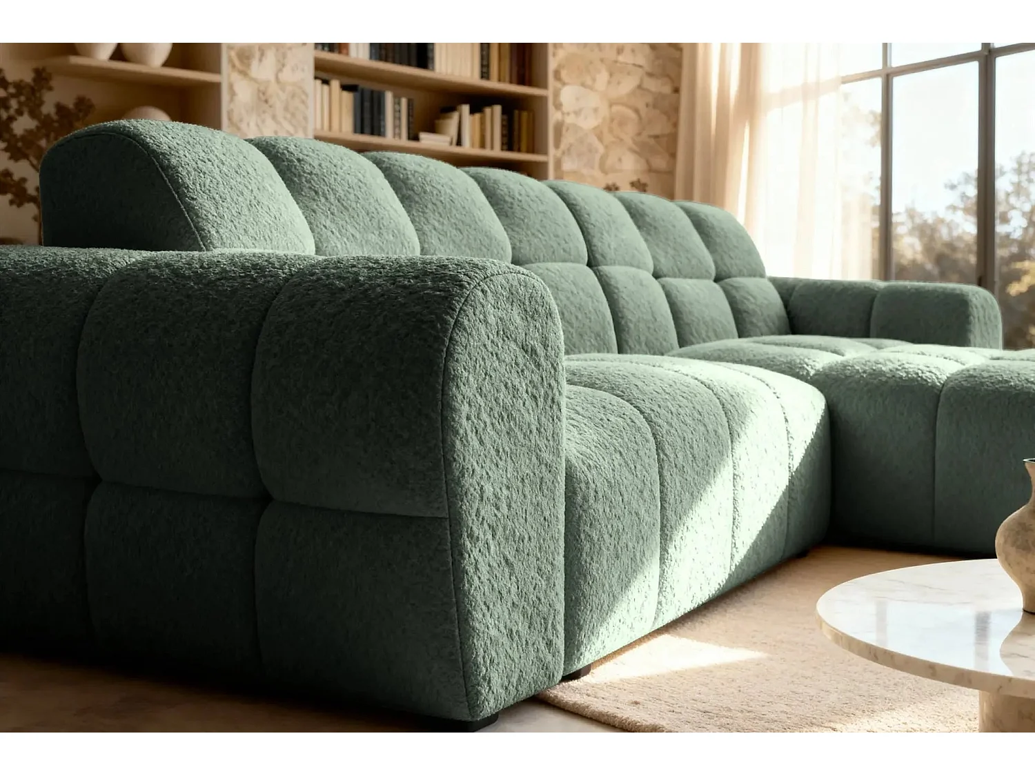 ALEXIA - Canapé d'angle tissu bouclette 4 places - Vert - Droit