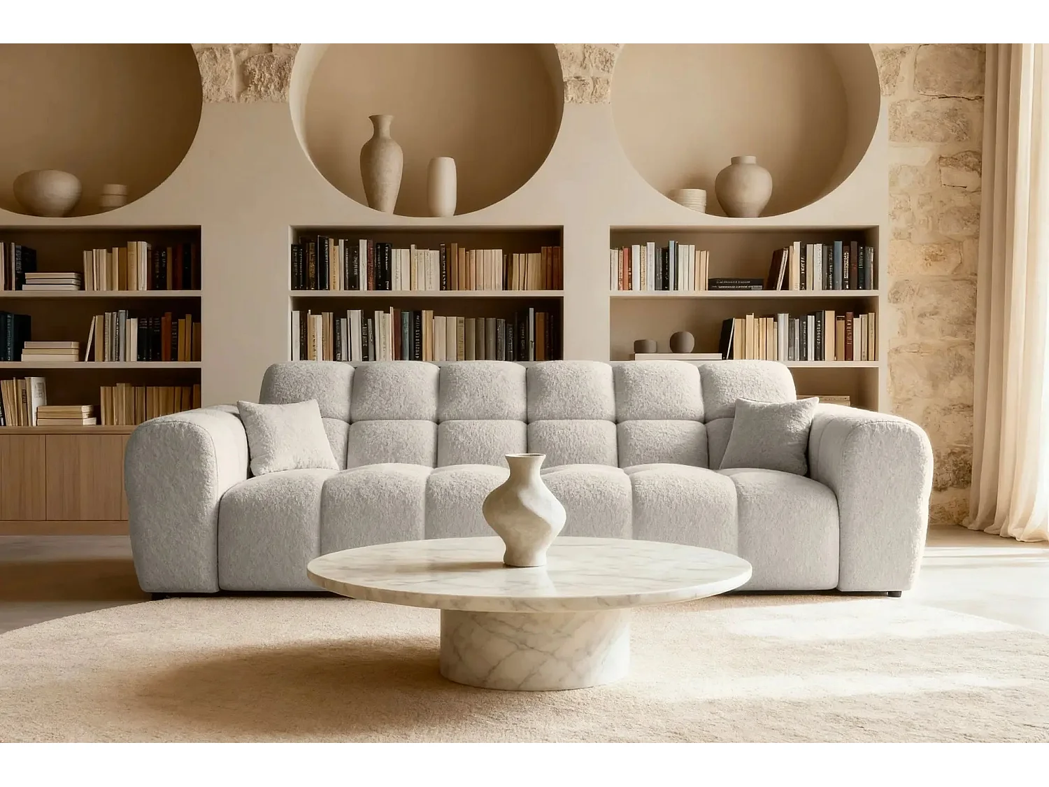 ALEXIA - Canapé droit tissu bouclette 3 places - Beige