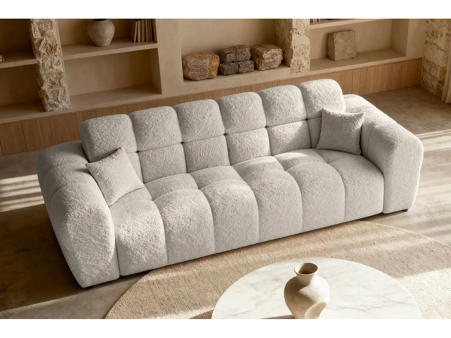 ALEXIA - Canapé droit tissu bouclette 3 places - Beige