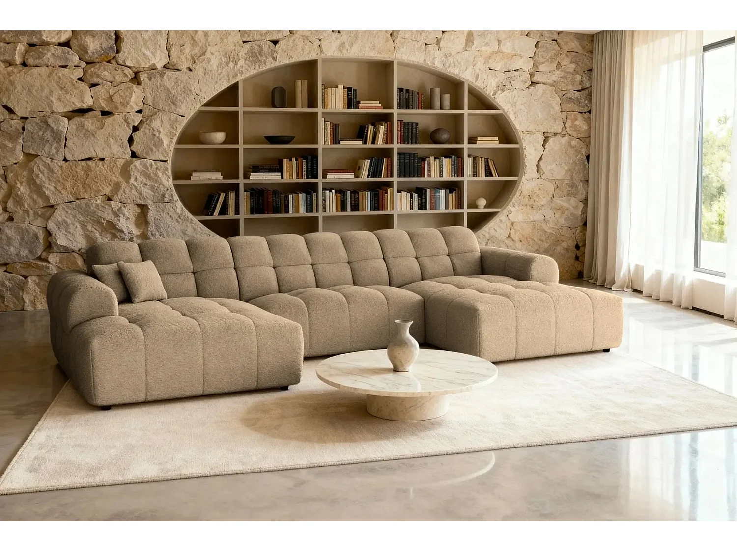 ALEXIA - Canapé panoramique tissu bouclette 5 places - Café