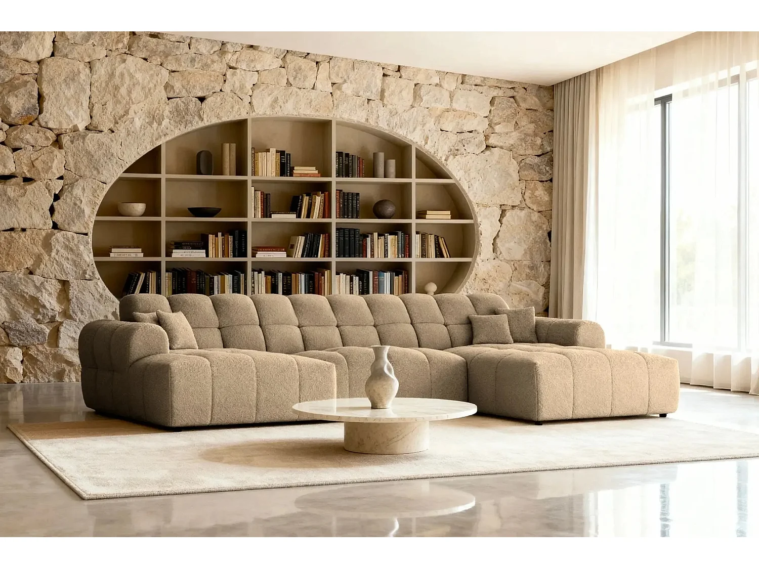 ALEXIA - Canapé panoramique tissu bouclette 5 places - Café