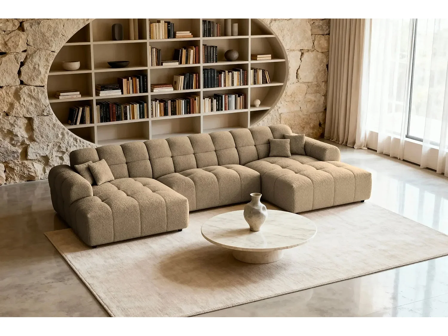 ALEXIA - Canapé panoramique tissu bouclette 5 places - Café