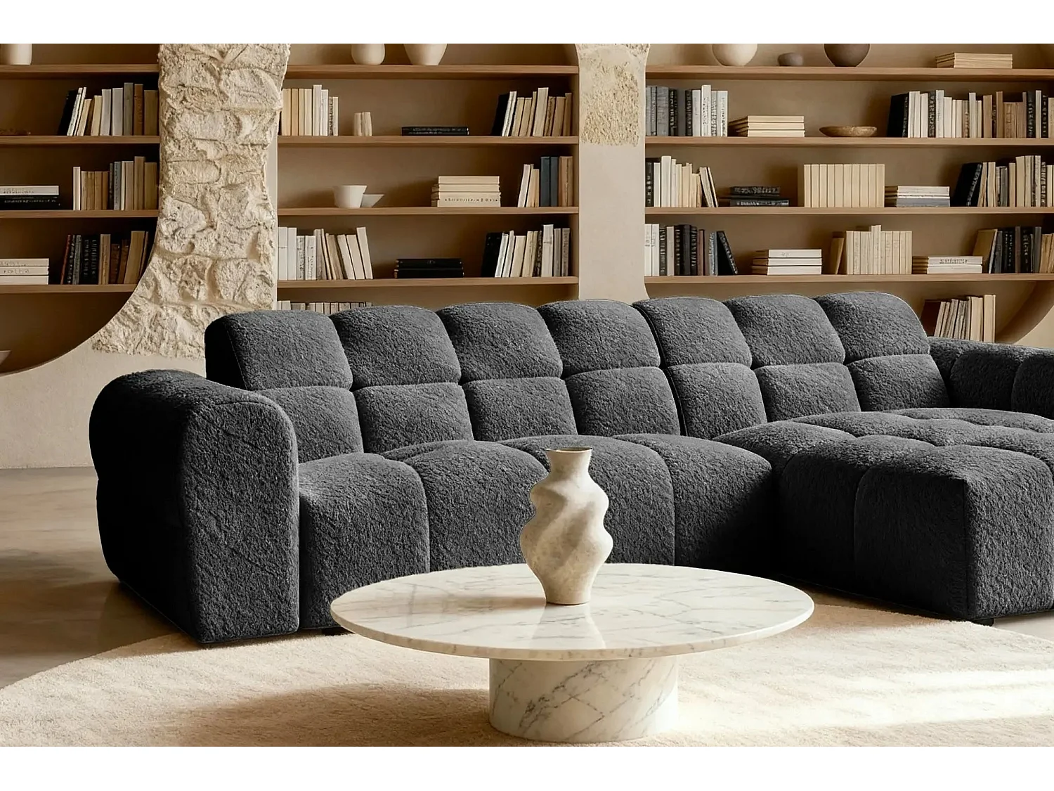 ALEXIA - Canapé d'angle tissu bouclette 4 places - Noir - Droit