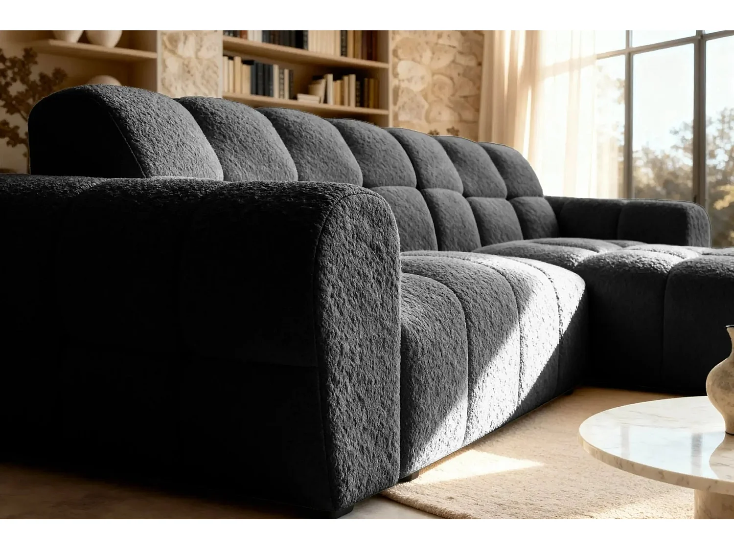 ALEXIA - Canapé d'angle tissu bouclette 4 places - Noir - Droit