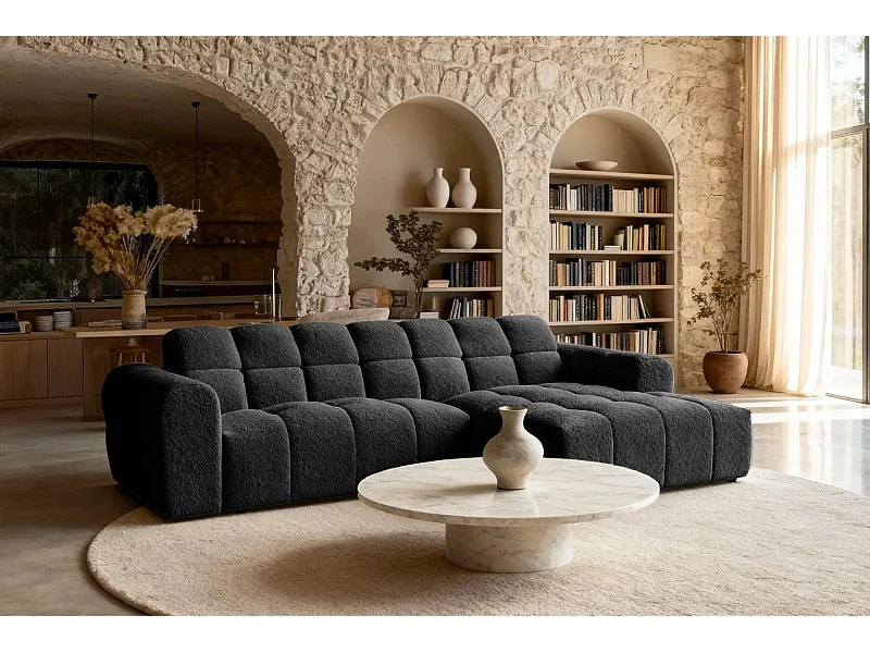 ALEXIA - Canapé d'angle tissu bouclette 4 places - Noir - Droit