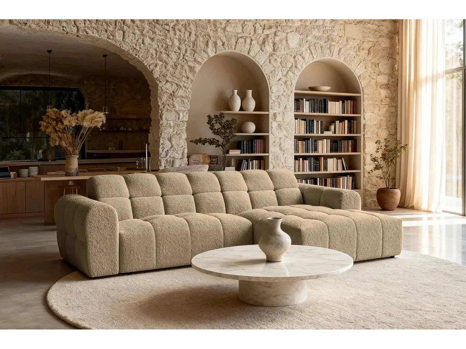 ALEXIA - Canapé d'angle tissu bouclette 4 places - Café - Droit