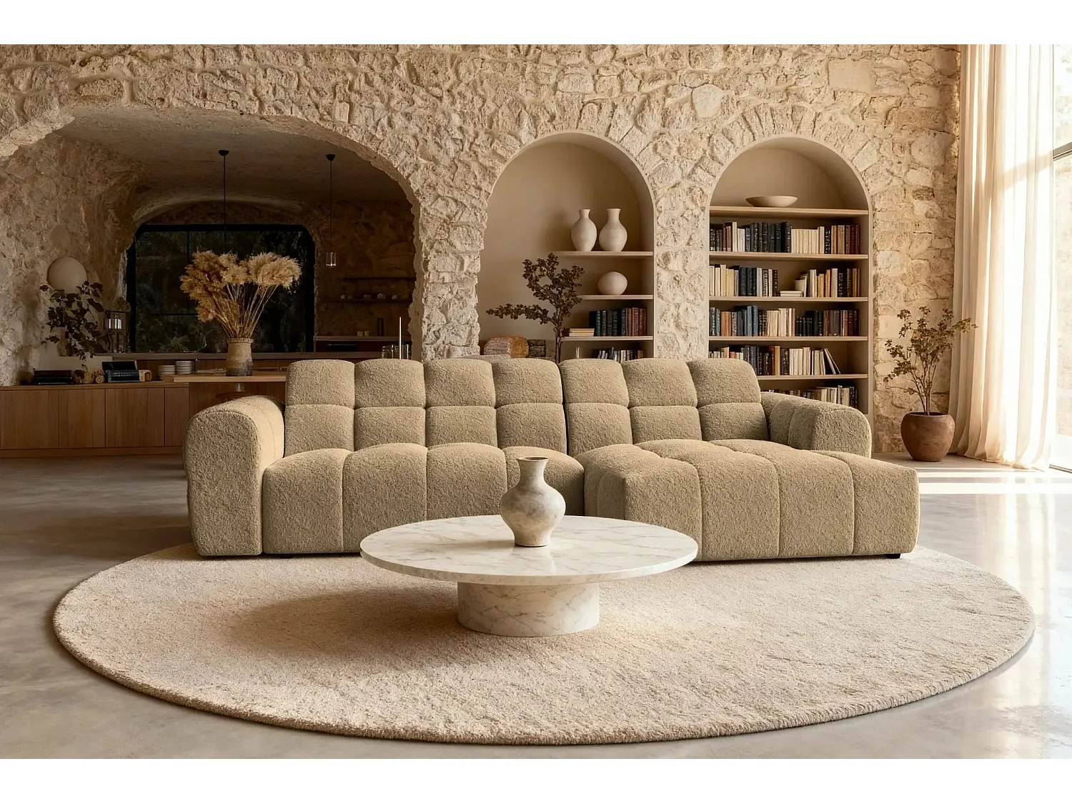 ALEXIA - Canapé d'angle tissu bouclette 4 places - Café - Droit