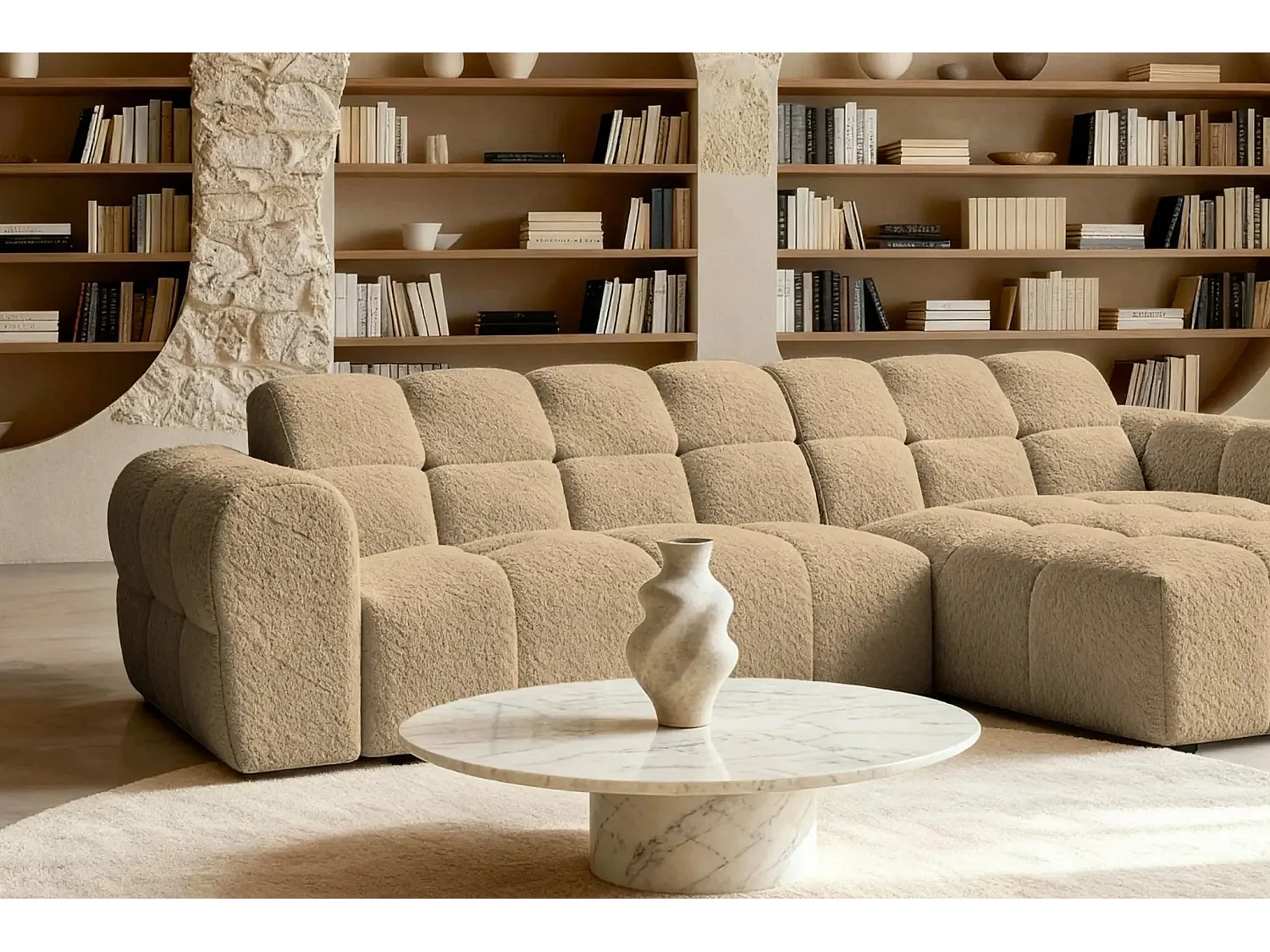 ALEXIA - Canapé d'angle tissu bouclette 4 places - Café - Droit