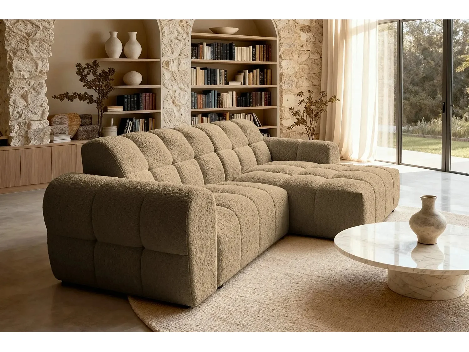 ALEXIA - Canapé d'angle tissu bouclette 4 places - Café - Droit