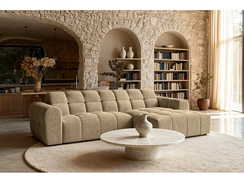 ALEXIA - Canapé d'angle tissu bouclette 4 places - Café - Droit