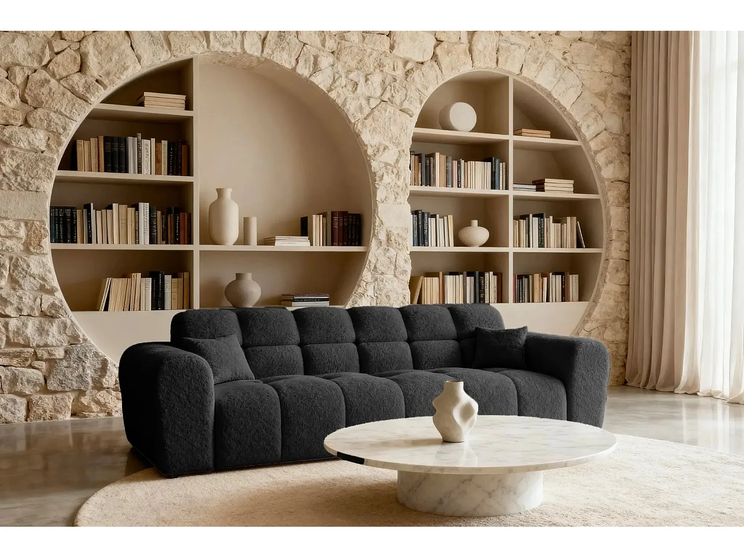 ALEXIA - Canapé droit tissu bouclette 3 places - Noir