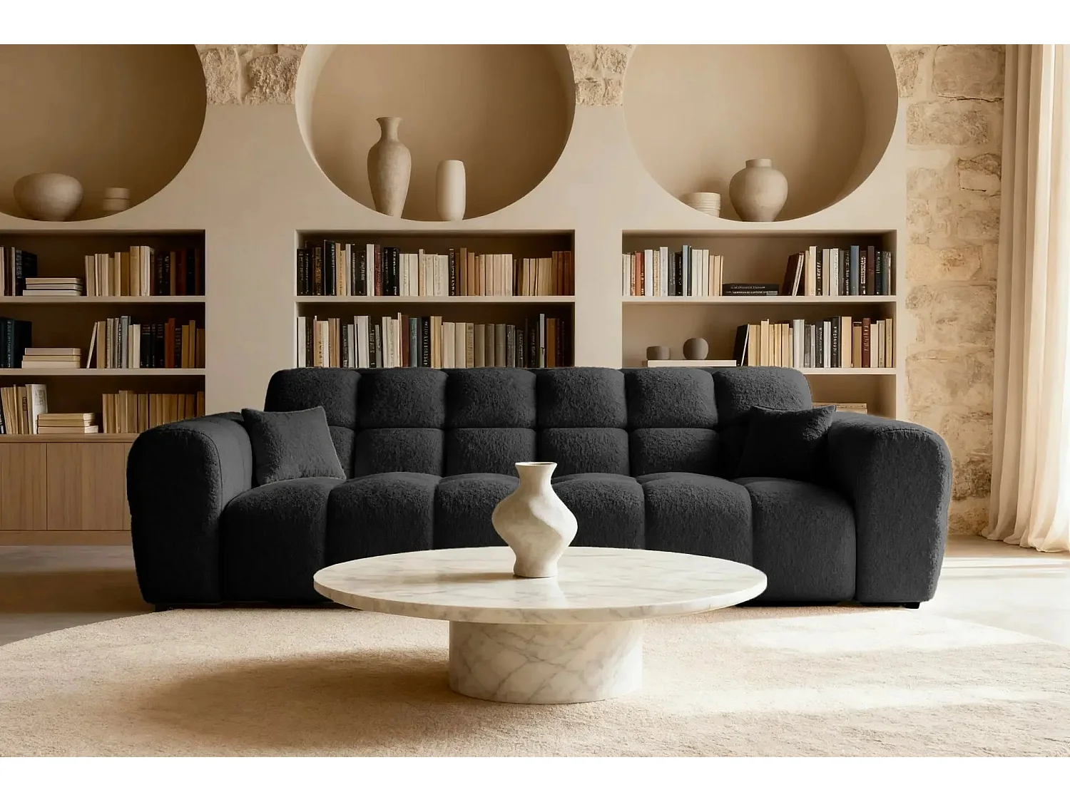 ALEXIA - Canapé droit tissu bouclette 3 places - Noir