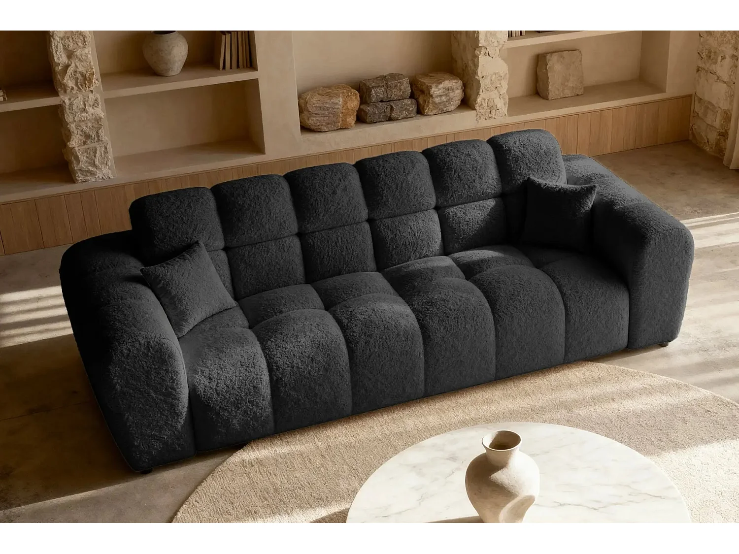 ALEXIA - Canapé droit tissu bouclette 3 places - Noir