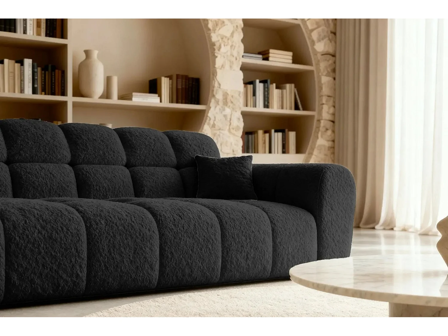 ALEXIA - Canapé droit tissu bouclette 3 places - Noir