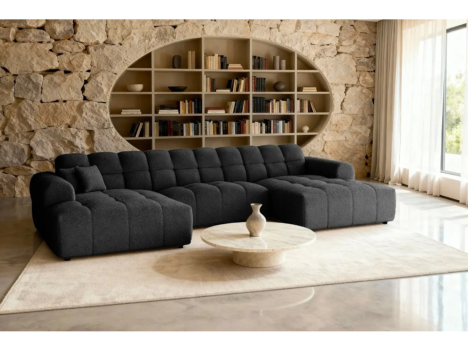 ALEXIA - Canapé panoramique tissu bouclette 5 places - Noir