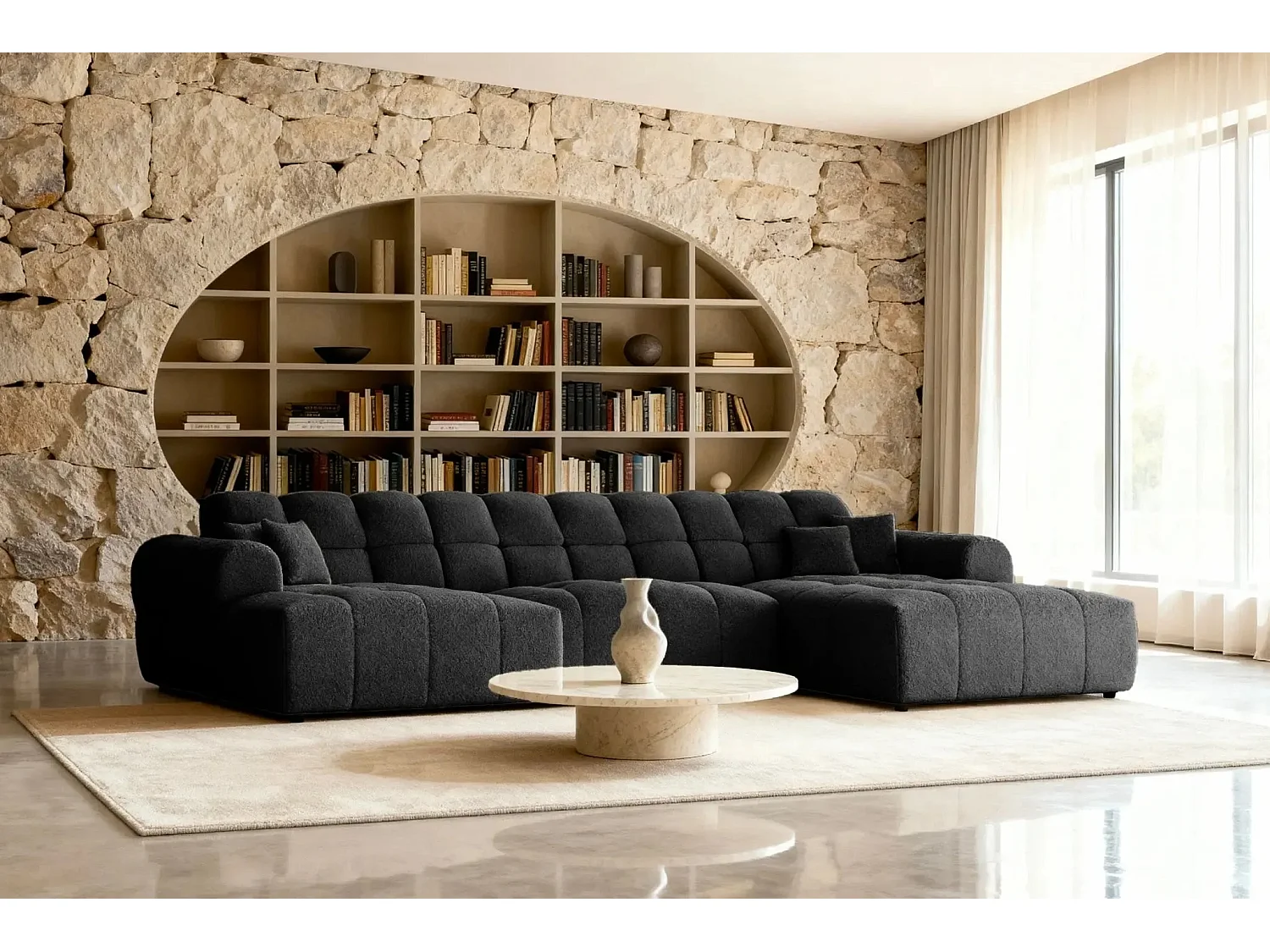 ALEXIA - Canapé panoramique tissu bouclette 5 places - Noir