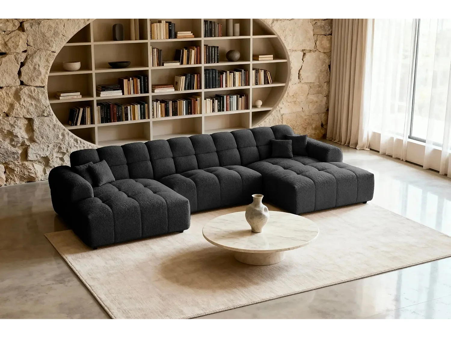 ALEXIA - Canapé panoramique tissu bouclette 5 places - Noir