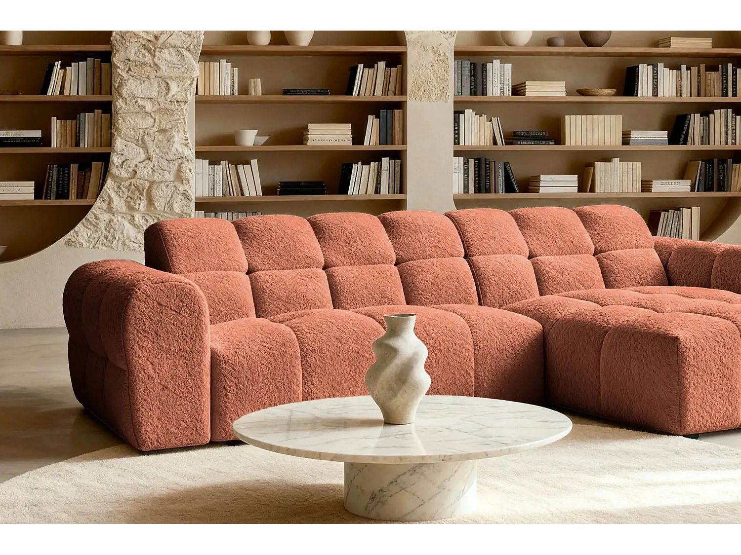 ALEXIA - Canapé d'angle tissu bouclette 4 places - Terracotta - Droit