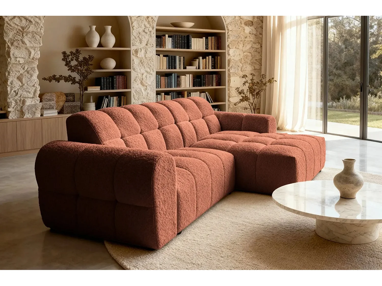 ALEXIA - Canapé d'angle tissu bouclette 4 places - Terracotta - Droit