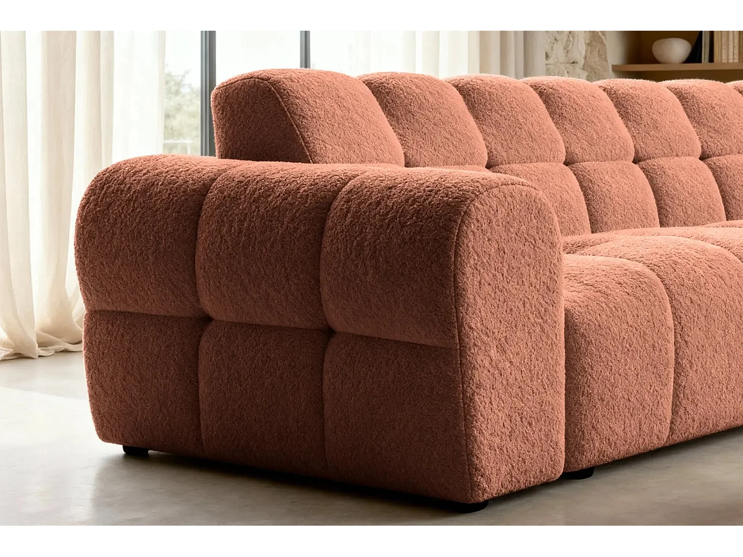 ALEXIA - Canapé d'angle tissu bouclette 4 places - Terracotta - Droit