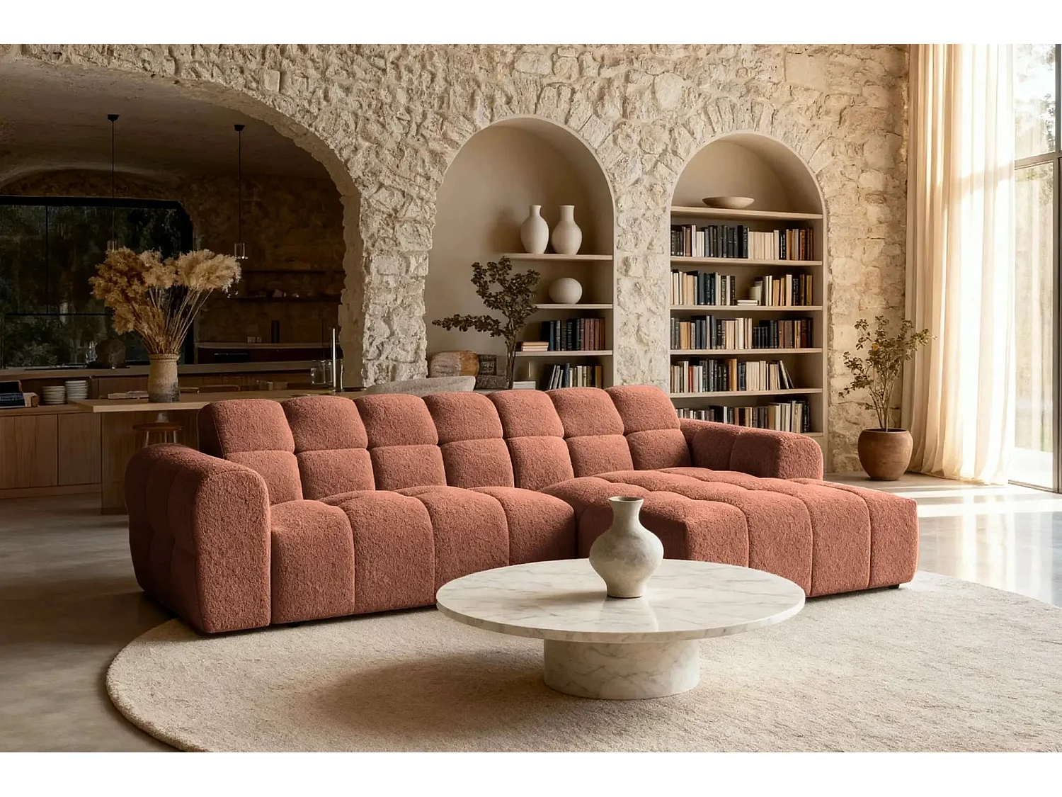 ALEXIA - Canapé d'angle tissu bouclette 4 places - Terracotta - Droit