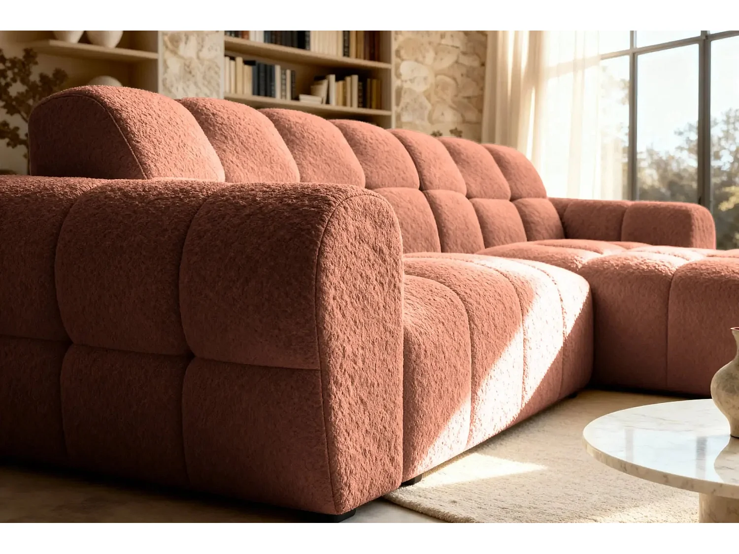 ALEXIA - Canapé d'angle tissu bouclette 4 places - Terracotta - Droit