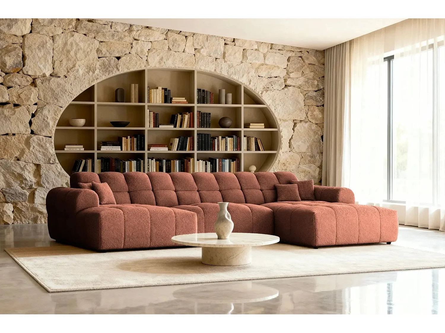 ALEXIA - Canapé panoramique tissu bouclette 5 places - Terracotta