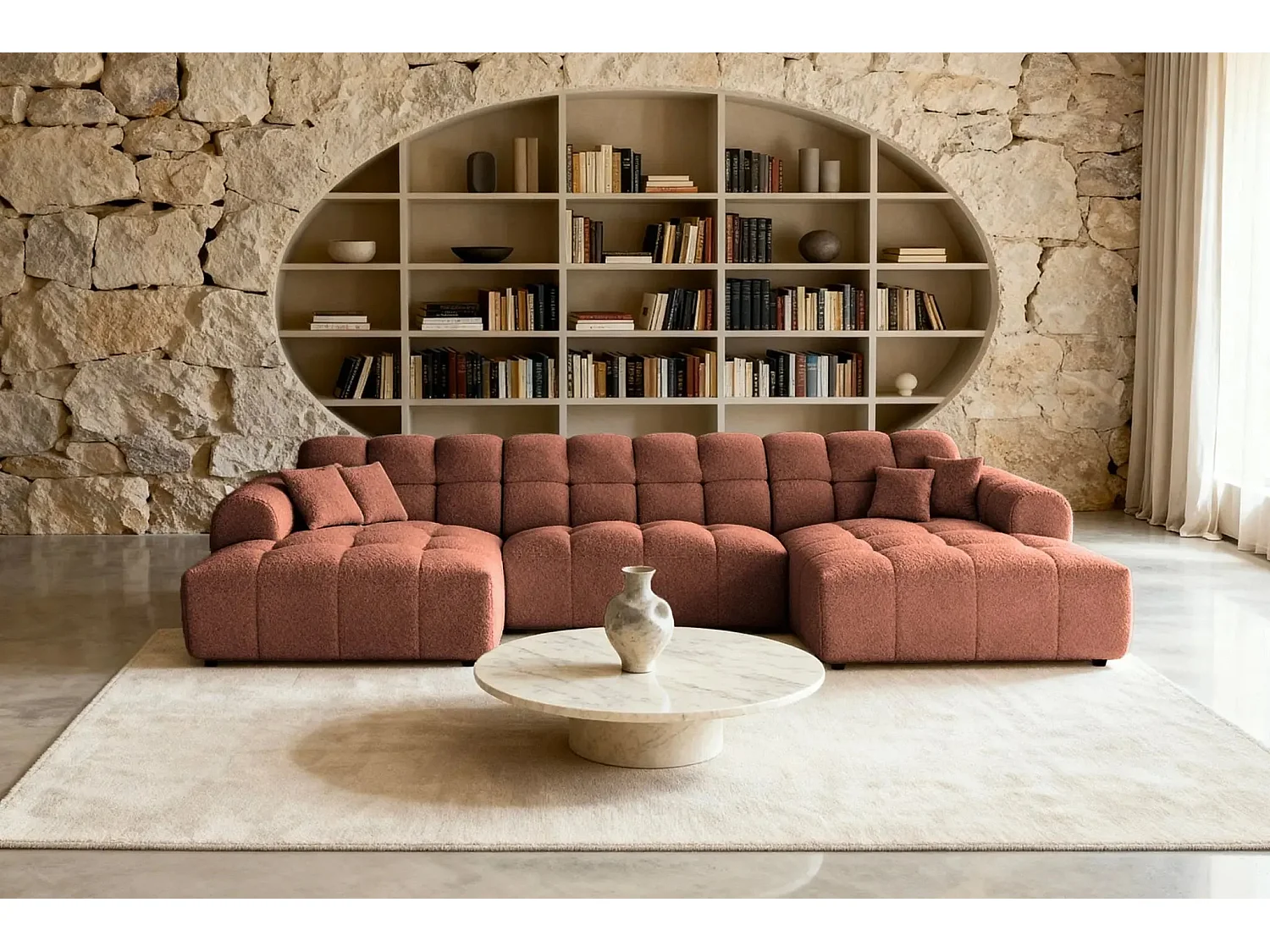 ALEXIA - Canapé panoramique tissu bouclette 5 places - Terracotta