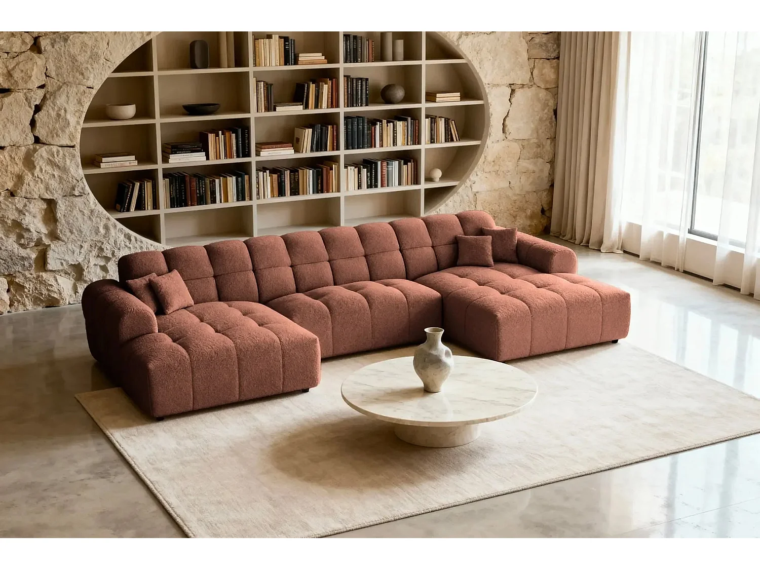 ALEXIA - Canapé panoramique tissu bouclette 5 places - Terracotta