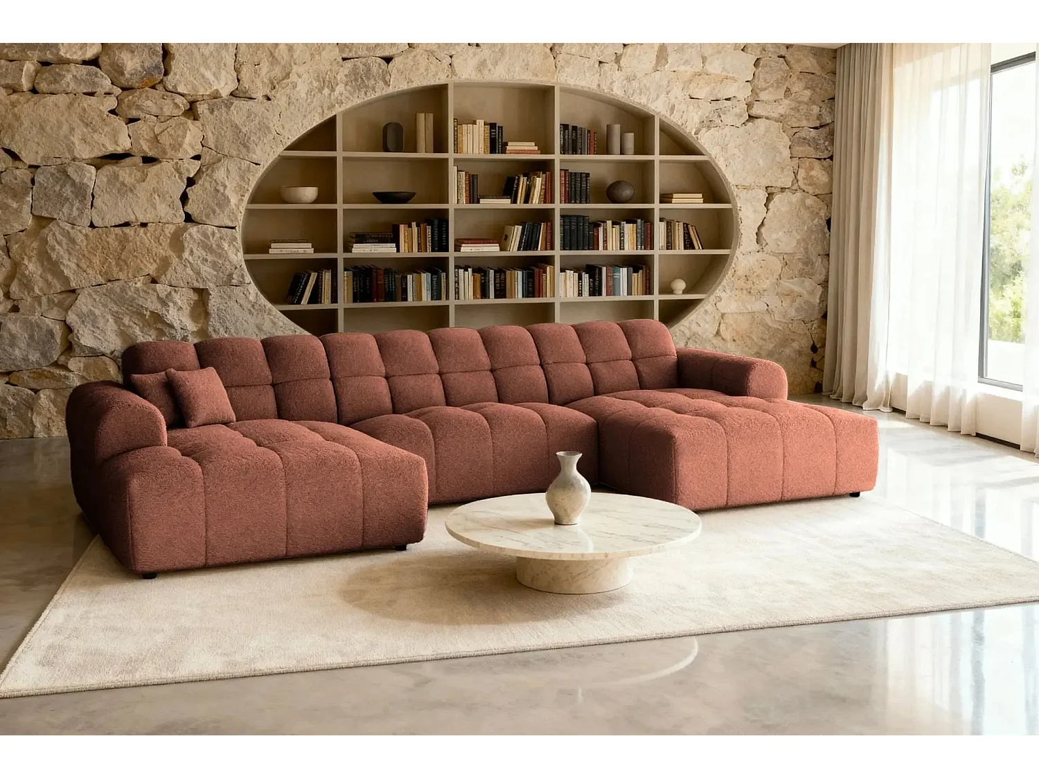 ALEXIA - Canapé panoramique tissu bouclette 5 places - Terracotta