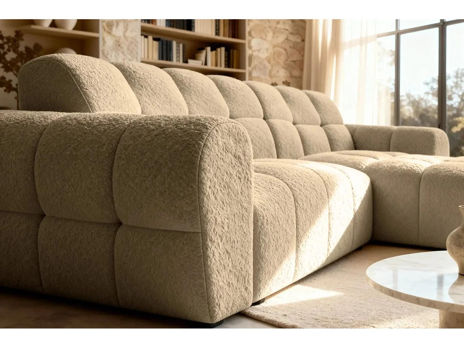 ALEXIA - Canapé d'angle tissu bouclette 4 places - Café - Gauche