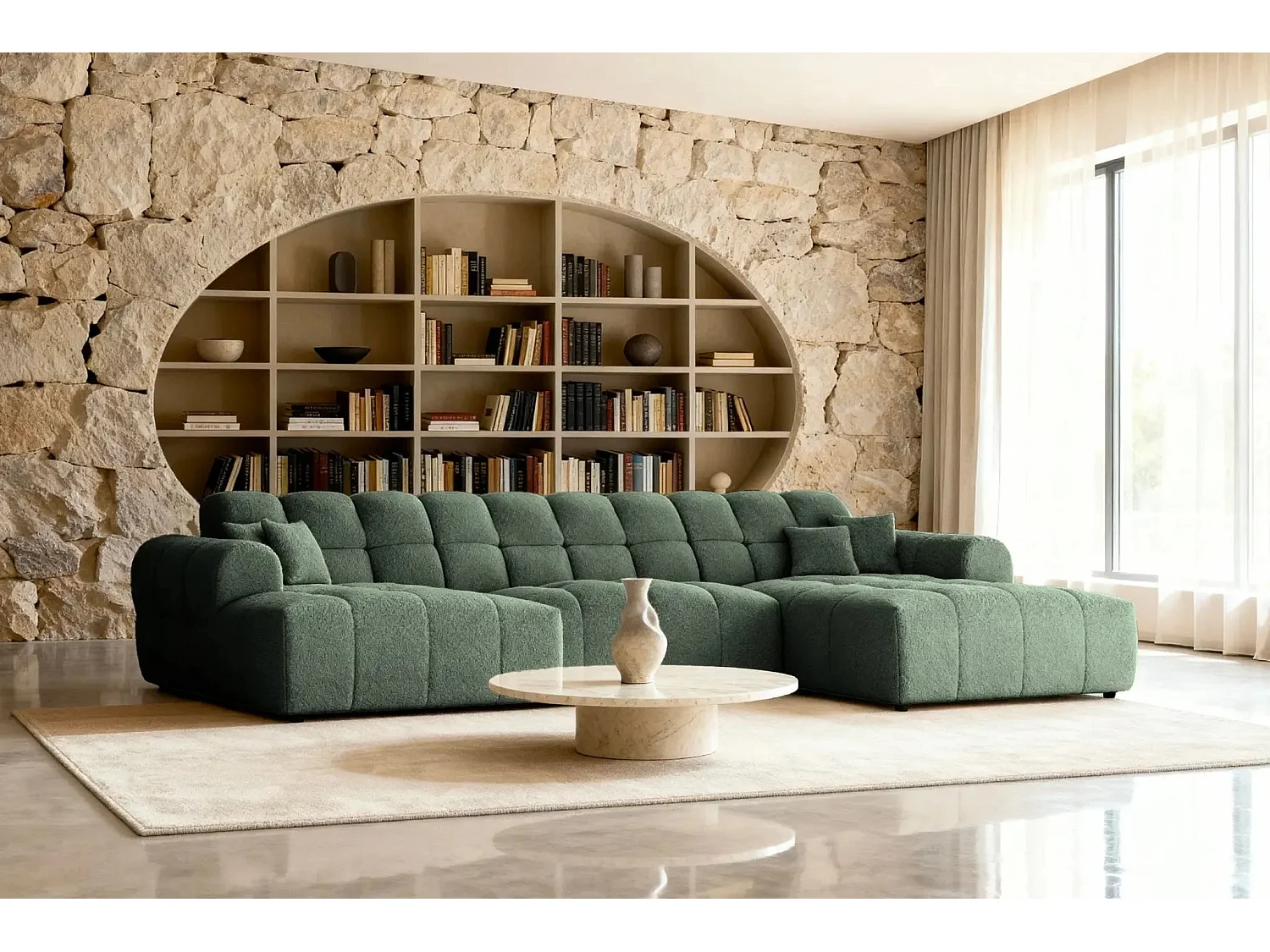 ALEXIA - Canapé panoramique tissu bouclette 5 places - Vert